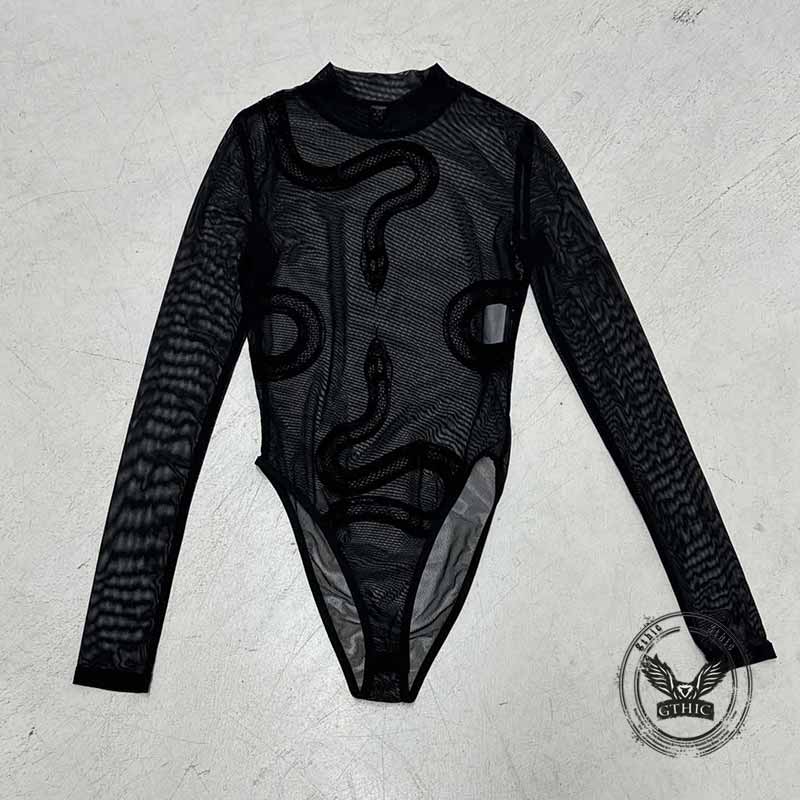 Sexy Sheer Snake Print Crew Neck Mesh Bodysuit