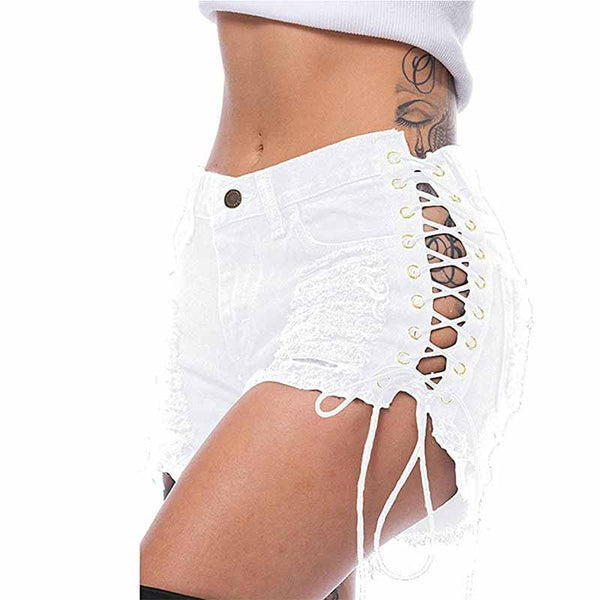 Sexy Side Lace-Up Design Solid Color Ripped Shorts 02 | Gthic.com