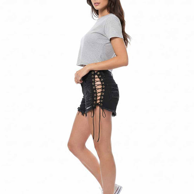 Sexy Side Lace-Up Design Solid Color Ripped Shorts 01 | Gthic.com
