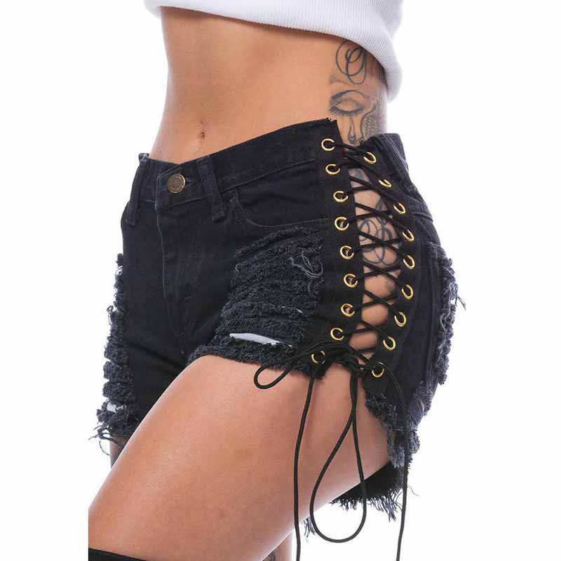 Sexy Side Lace-Up Design Solid Color Ripped Shorts 03 | Gthic.com