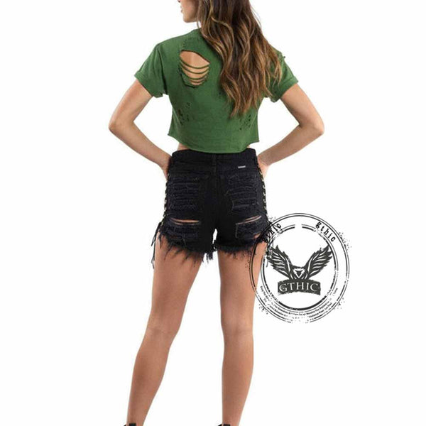 Sexy Side Lace-Up Design Solid Color Ripped Shorts 01 | Gthic.com