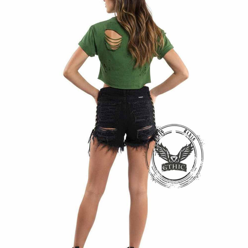 Sexy Side Lace-Up Design Solid Color Ripped Shorts 01 | Gthic.com