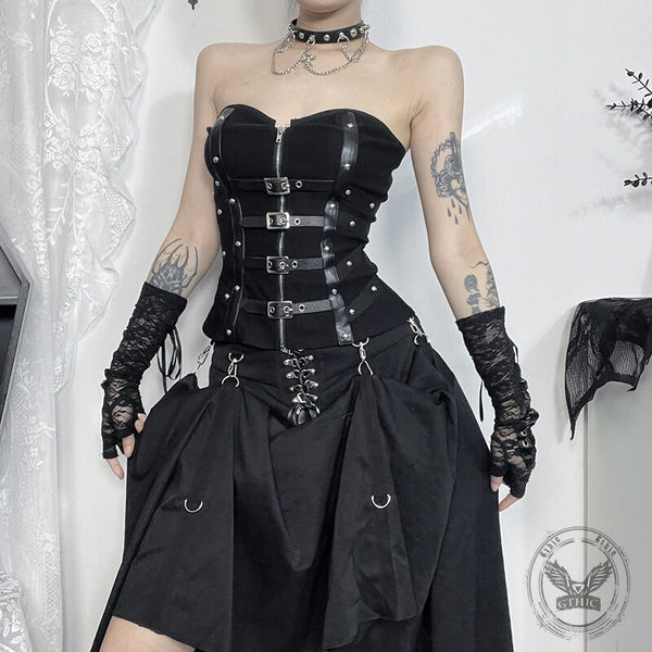 Sexy Slim Fit Fishbone Leather Buttoned Tube Top | Gthic.com