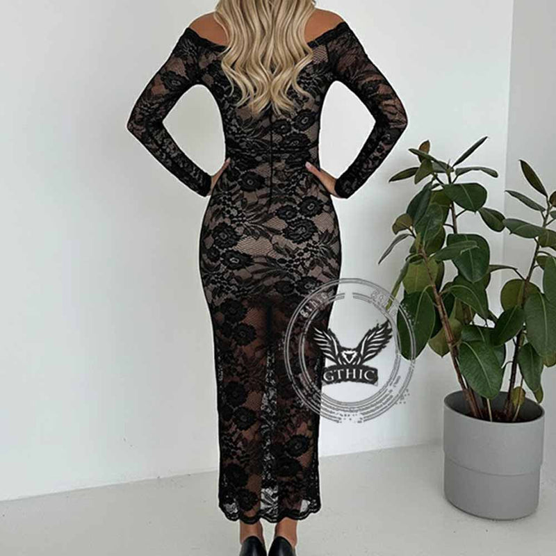 Sexy Slim Off Shoulder See-Through Lace Dress GTHIC Sexy Slim Off Shoulder See-Through Lace Dress GTHIC