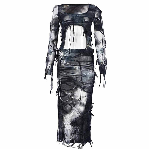 Sexy Tie-Dye Navel-Baring Tassel Slit Dress 01 | Gthic.com