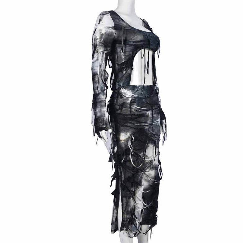 Sexy Tie-Dye Navel-Baring Tassel Slit Dress 02 | Gthic.com