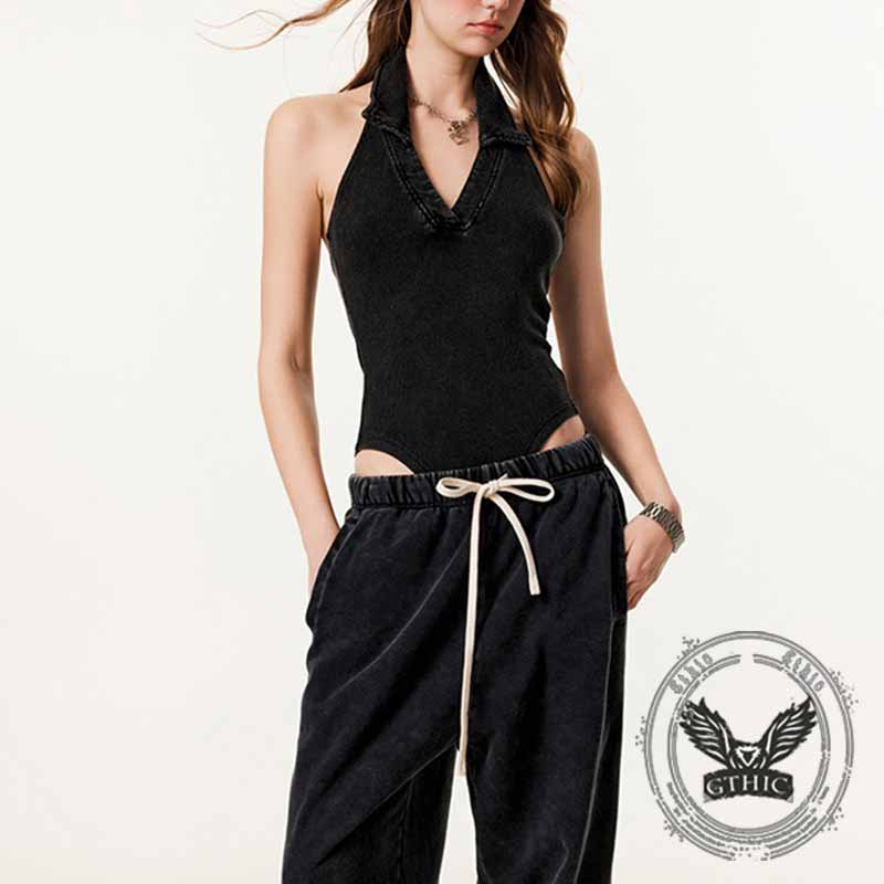 Sexy V-Neck Backless Sleeveless Halter Bodysuit 01 | Gthic.com