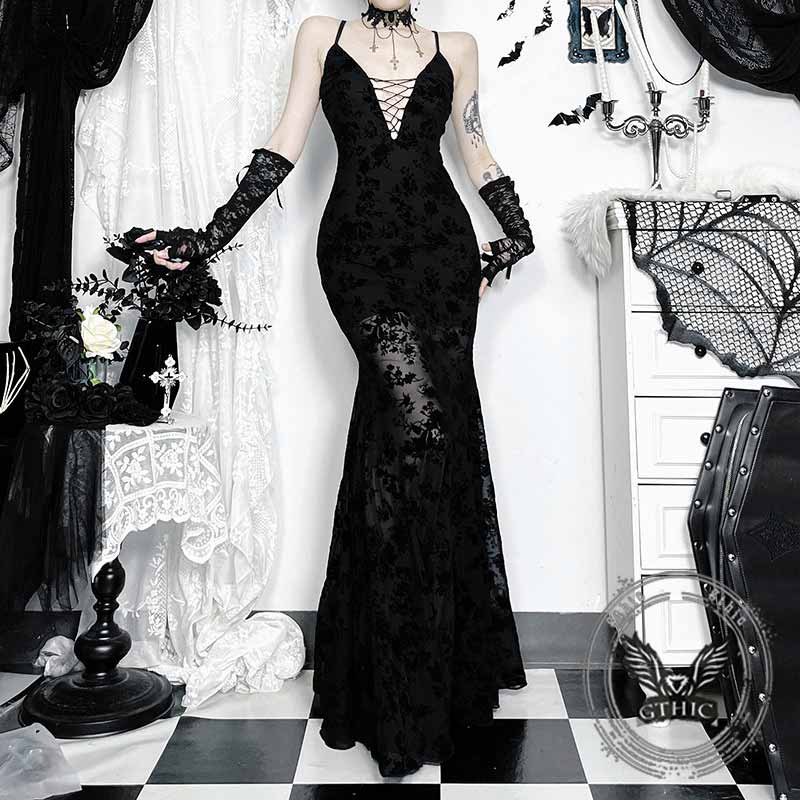 Sexy V-Neck Plant Print Lace See-Through Sling Dress 01 | Gthic.com