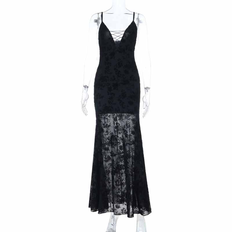 Sexy V-Neck Plant Print Lace See-Through Sling Dress 03 | Gthic.com