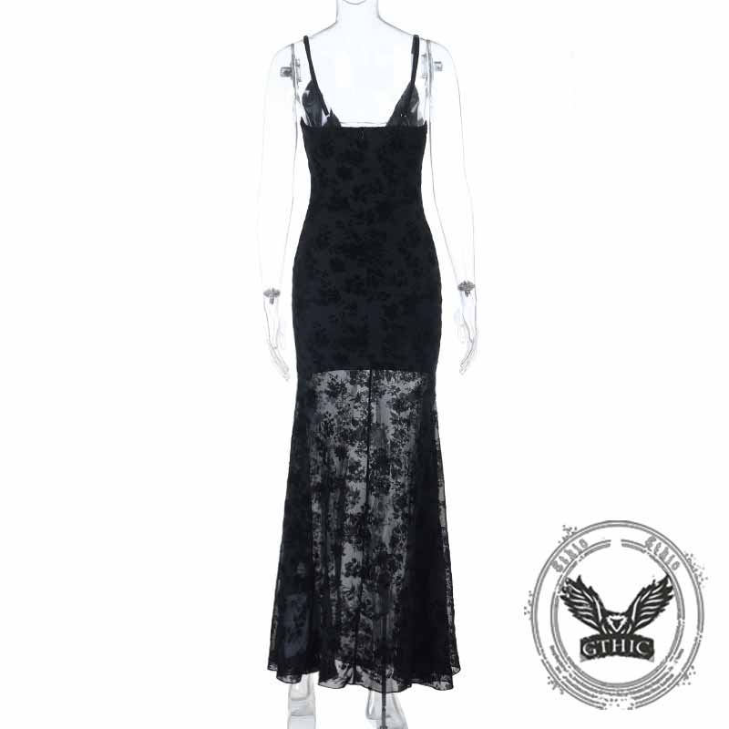 Sexy V-Neck Plant Print Lace See-Through Sling Dress