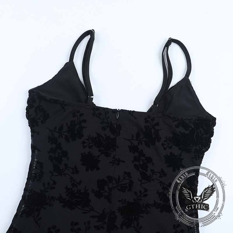 Sexy V-Neck Plant Print Lace See-Through Sling Dress