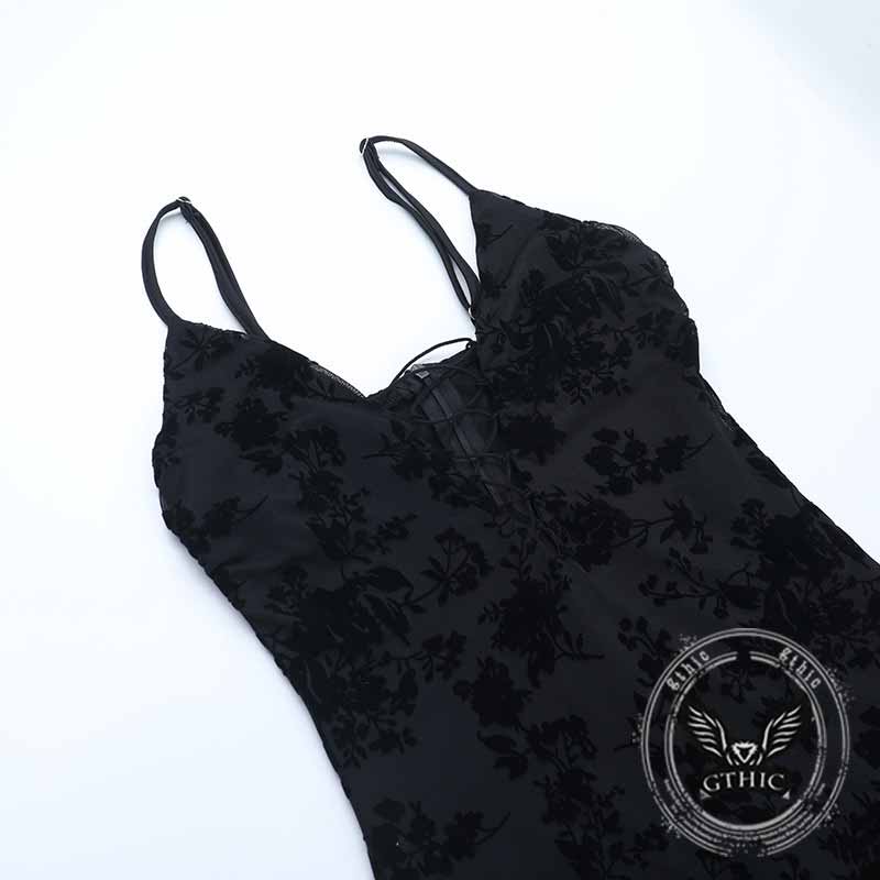 Sexy V-Neck Plant Print Lace See-Through Sling Dress