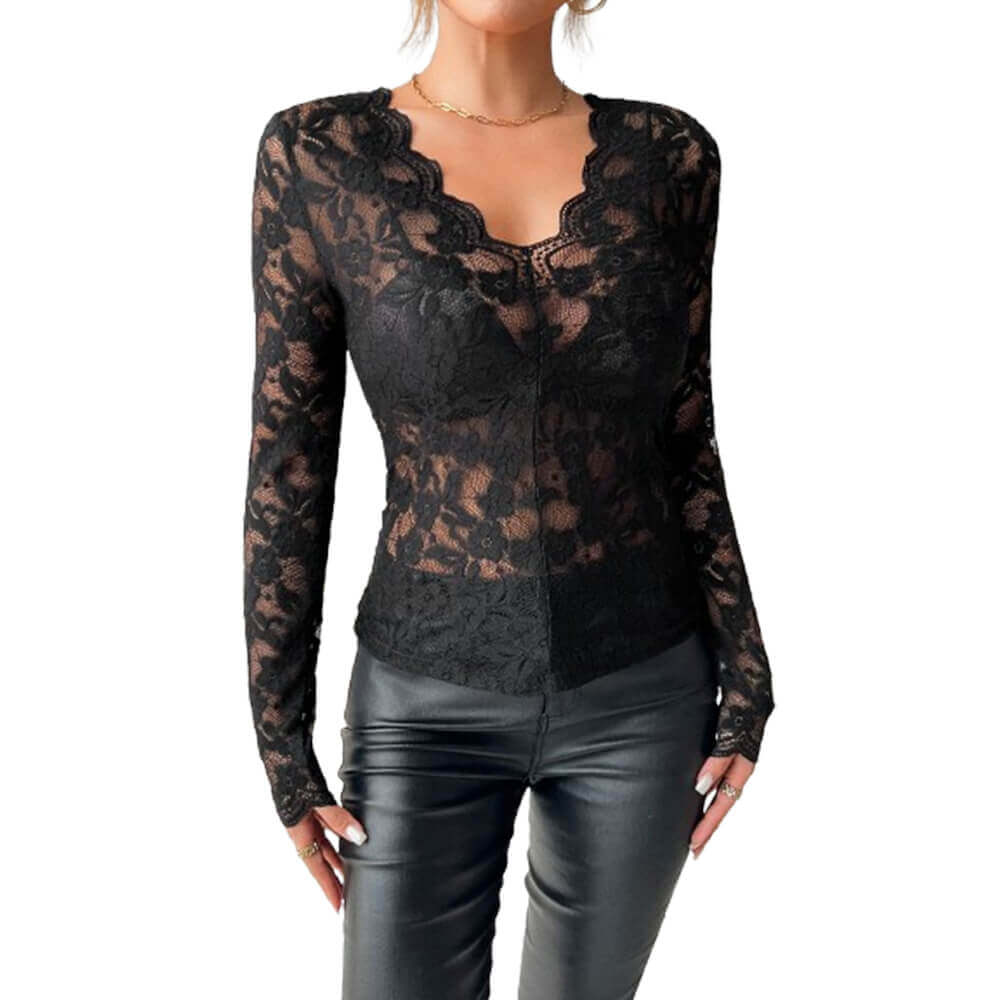 Sexy V-Neck Scalloped Collar Slim Flower Lace Top | Gthic.com