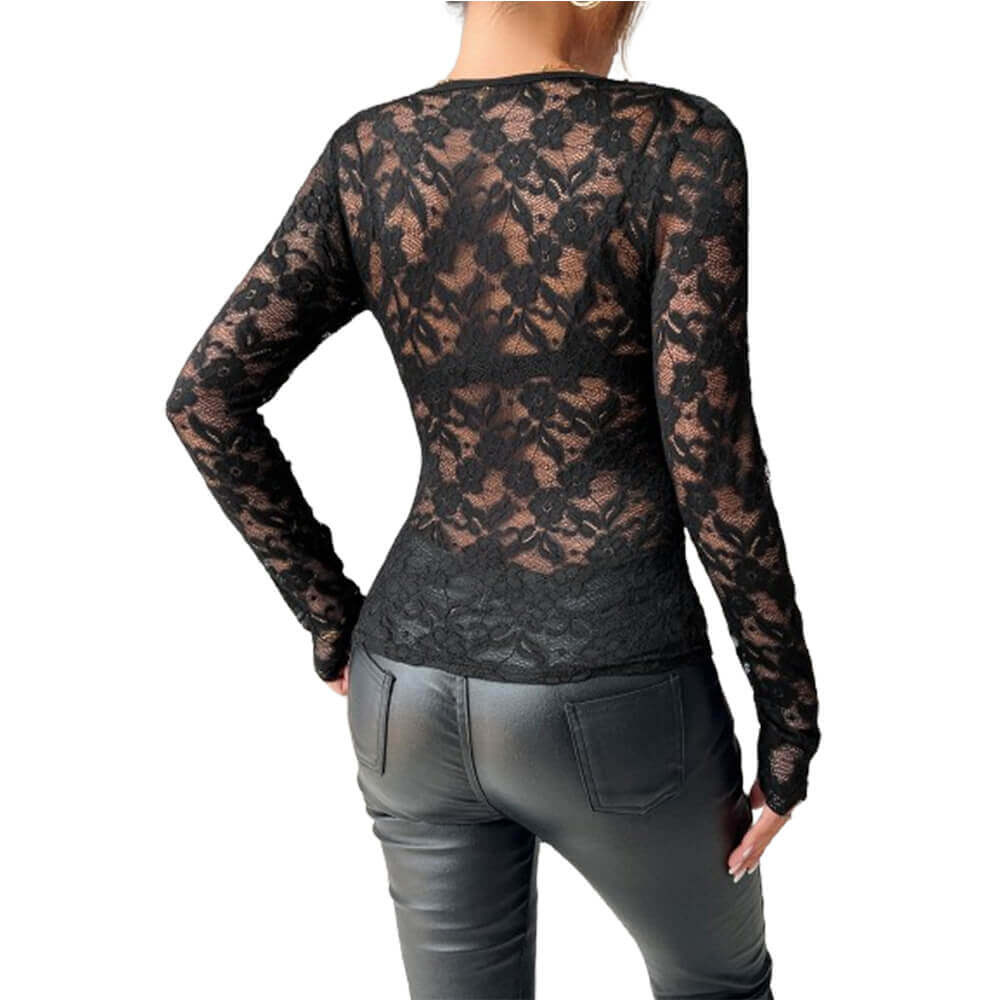 Sexy V-Neck Scalloped Collar Slim Flower Lace Top | Gthic.com