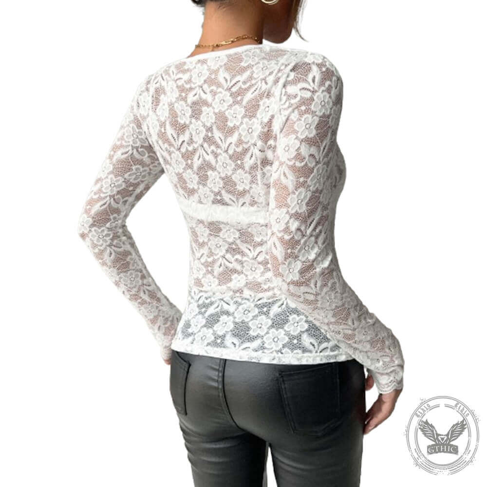 Sexy V-Neck Scalloped Collar Slim Flower Lace Top | Gthic.com