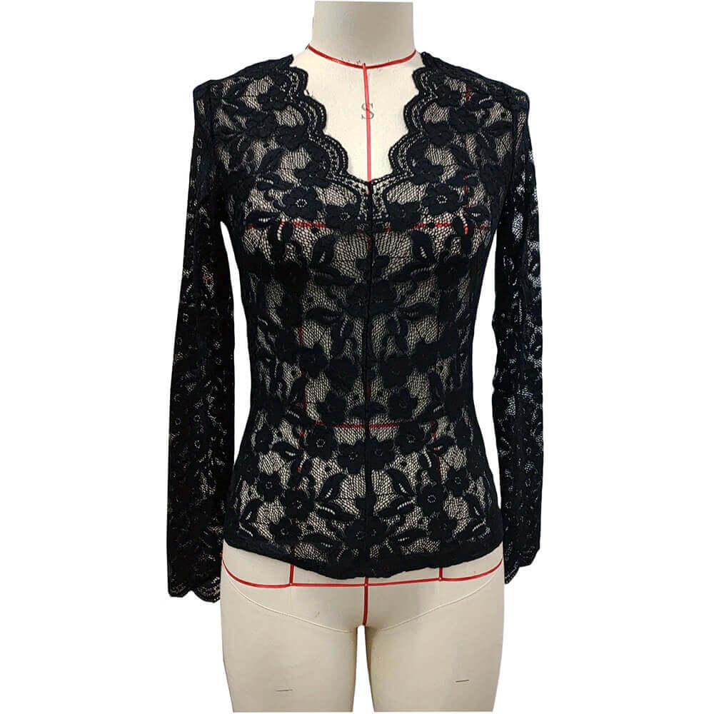 Sexy V-Neck Scalloped Collar Slim Flower Lace Top | Gthic.com