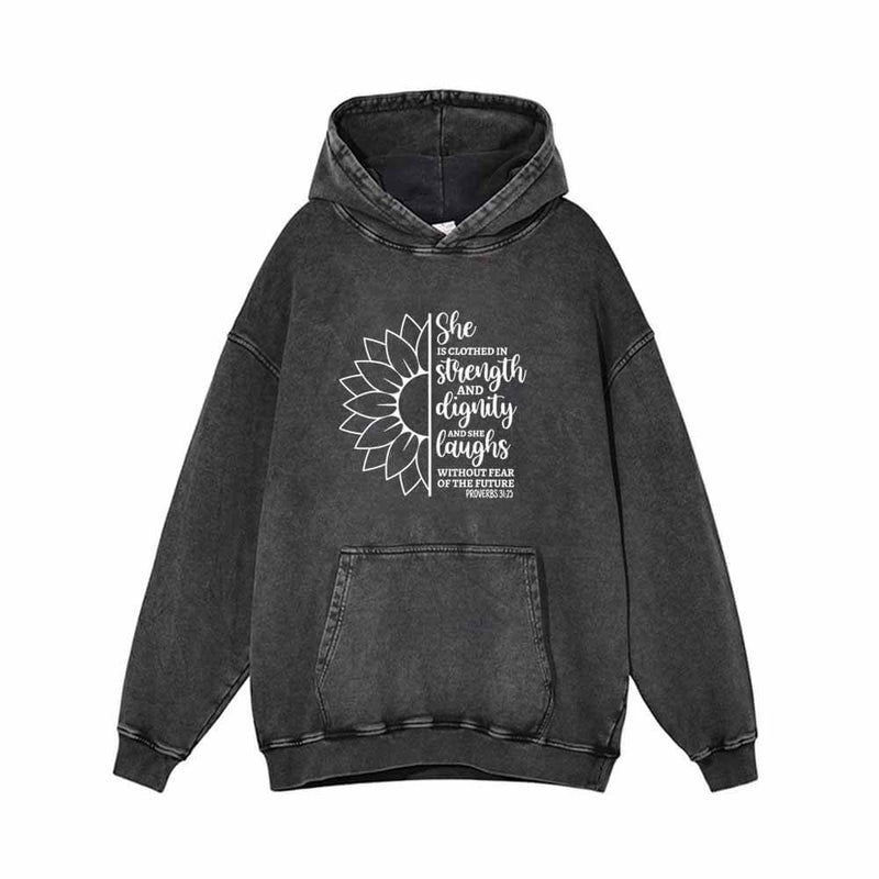 She Is Clothed In Strength Sun Flower Vintage Washed Hoodie | Gthic.com