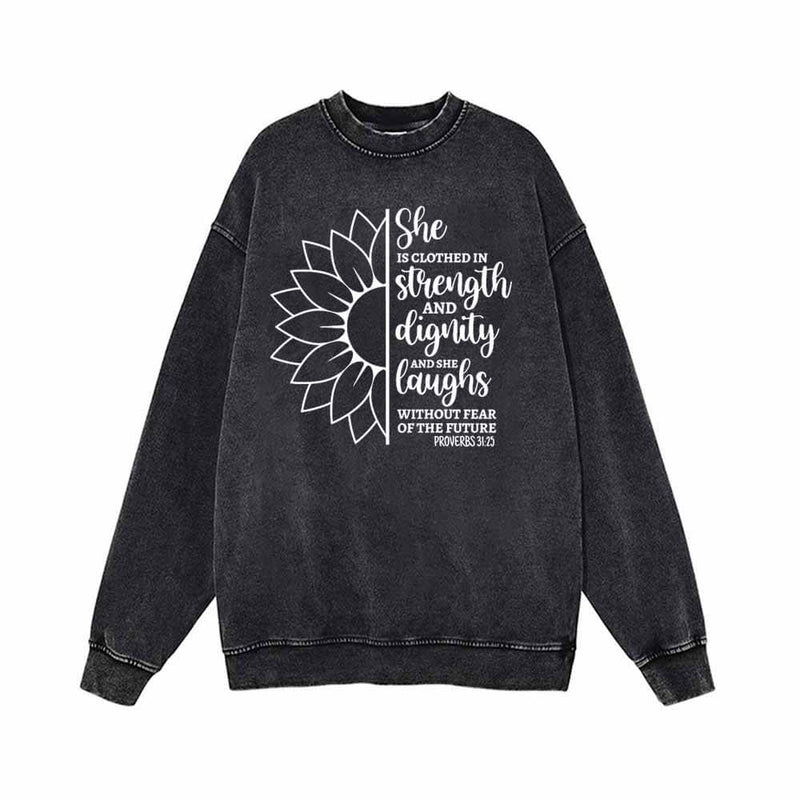 She Is Clothed In Strength Sun Flower Vintage Washed Sweatshirt | Gthic.com