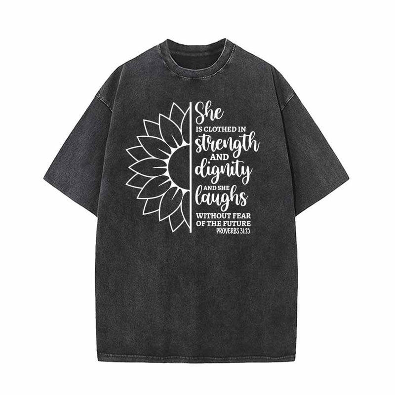 She Is Clothed In Strength Sun Flower Vintage Washed T-shirt | Gthic.com