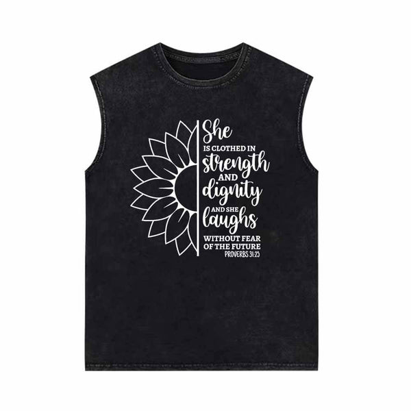 She Is Clothed In Strength Sun Flower Vintage Washed Vest Top | Gthic.com