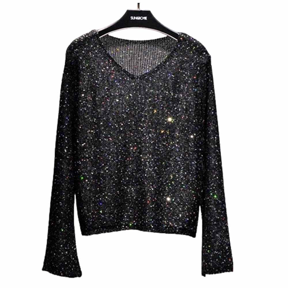 Shinny Sequined V-neck Trumpet Sleeve Sweater | Gthic.com