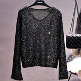 Shinny Sequined V-neck Trumpet Sleeve Sweater | Gthic.com