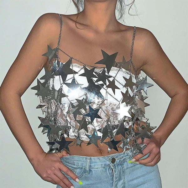 Shiny Pentagram Sequined Hollow Top And Skirt 01 | Gthic.com