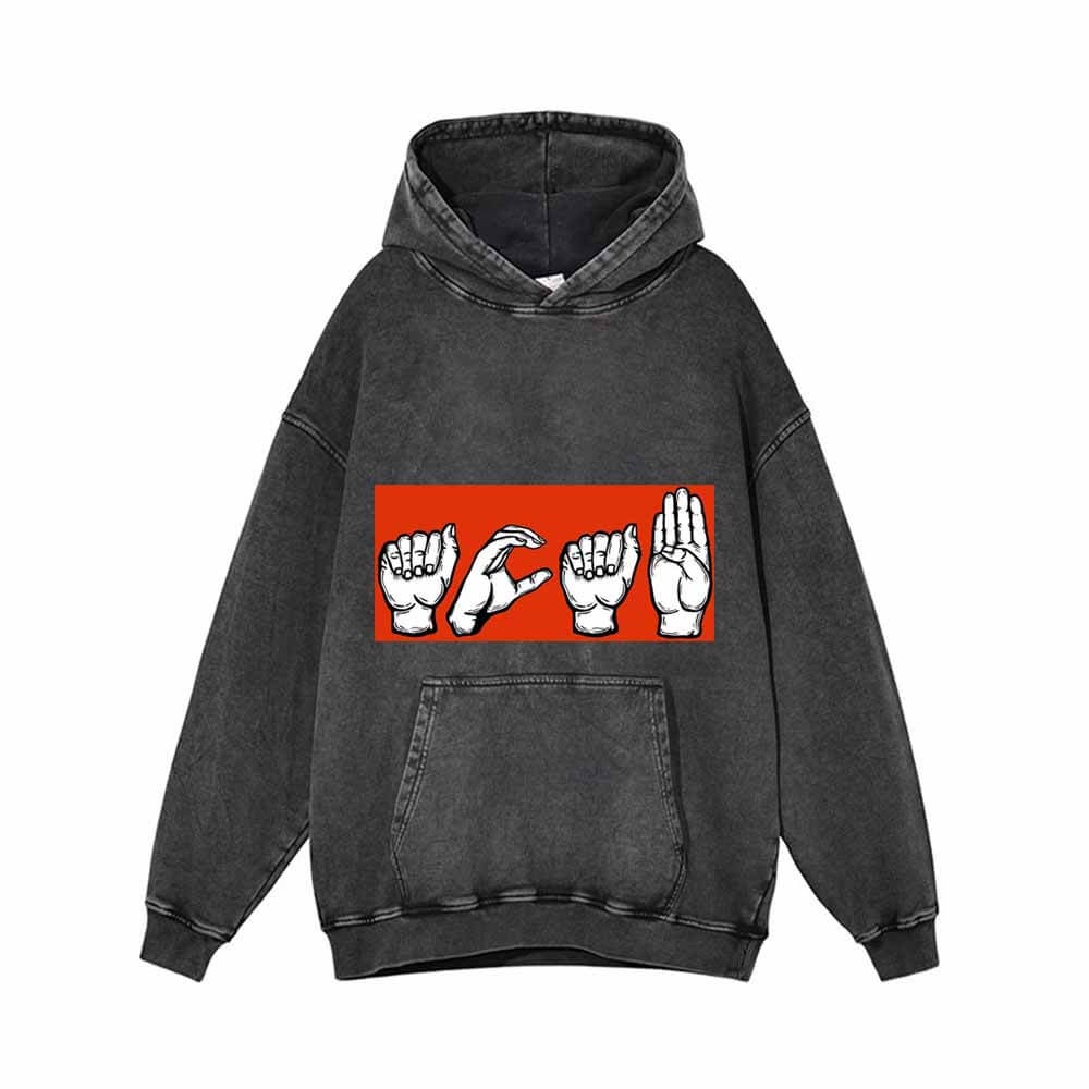 Sign Language Graphic Vintage Washed Hoodie 01 | Gthic.com