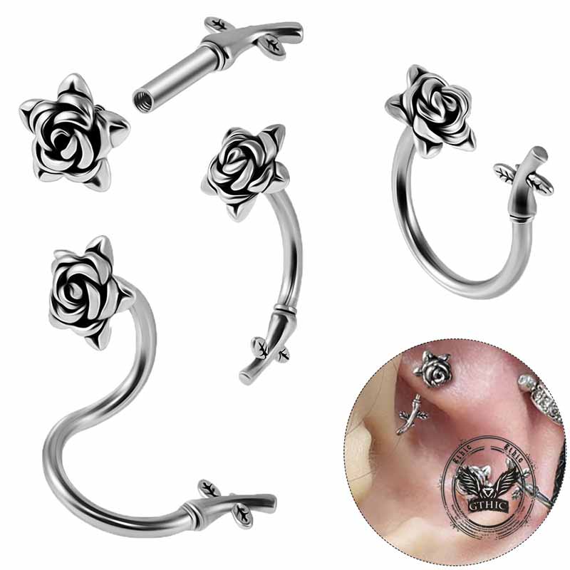 Silver Rose Stainless Steel Belly Piercing 01 | Gthic.com