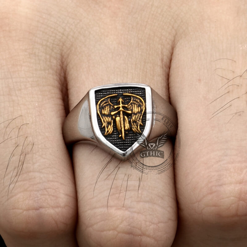 Simple Angel Wings Ares Shield Stainless Steel Ring | Gthic.com