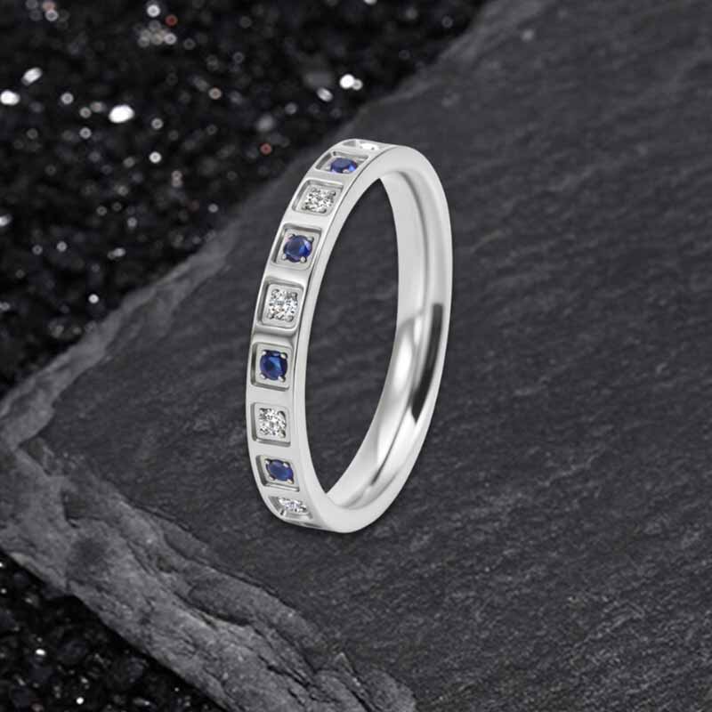 Simple Blue And White Gem-Set Stainless Steel Ring