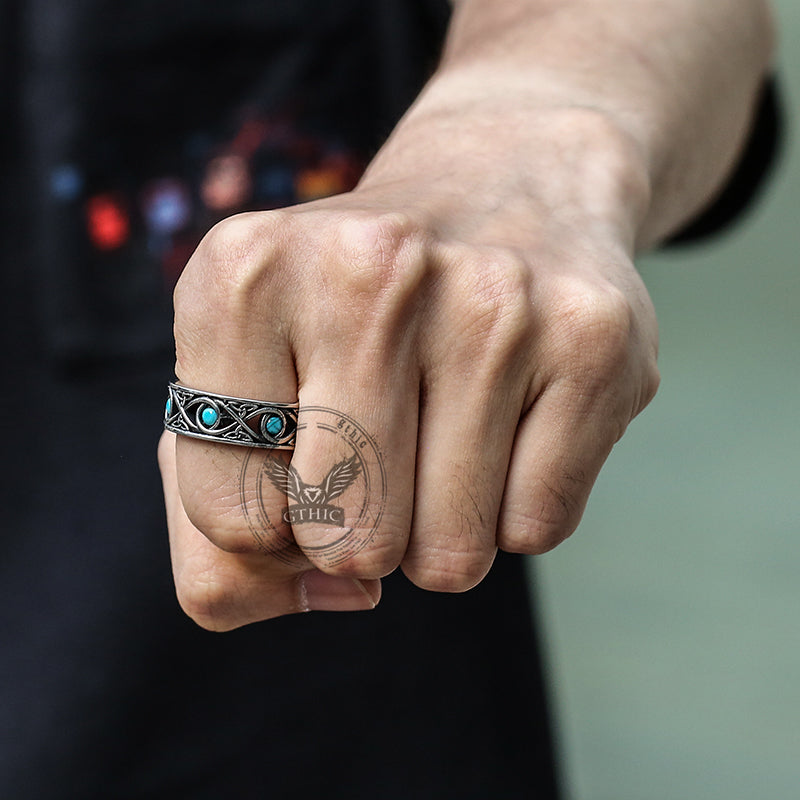Simple Blue Turquoise Inlaid Hollow Titanium Steel Ring | Gthic.com