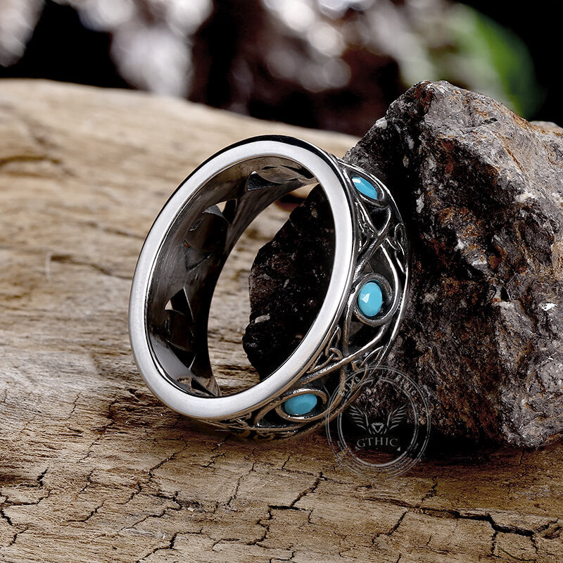 Simple Blue Turquoise Inlaid Hollow Titanium Steel Ring | Gthic.com