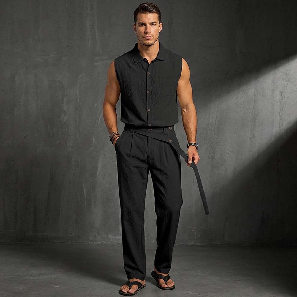 Simple Casual Solid Linen Sleeveless Shirt Pants Set | Gthic.com
