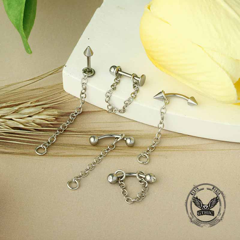 Simple Chain Ball Cone Stainless Steel Lip Piercing 03 | Gthic.com