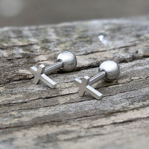Simple Cross Stainless Steel Screw Back Earrings | Gthic.com