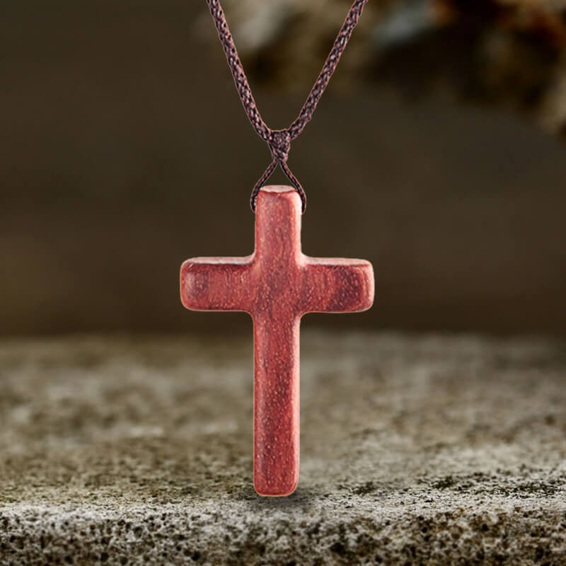 Sandalwood Cross Pendant Necklace for Men Women Boy Girl Wooden