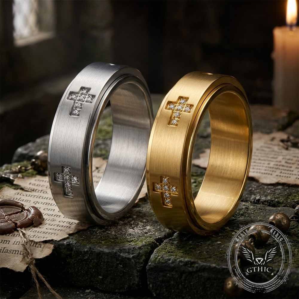 Simple Diamond-Set Cross Stainless Steel Spinner Ring | Gthic.com