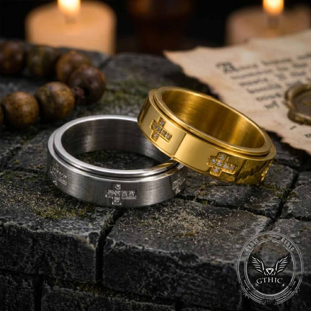 Simple Diamond-Set Cross Stainless Steel Spinner Ring | Gthic.com
