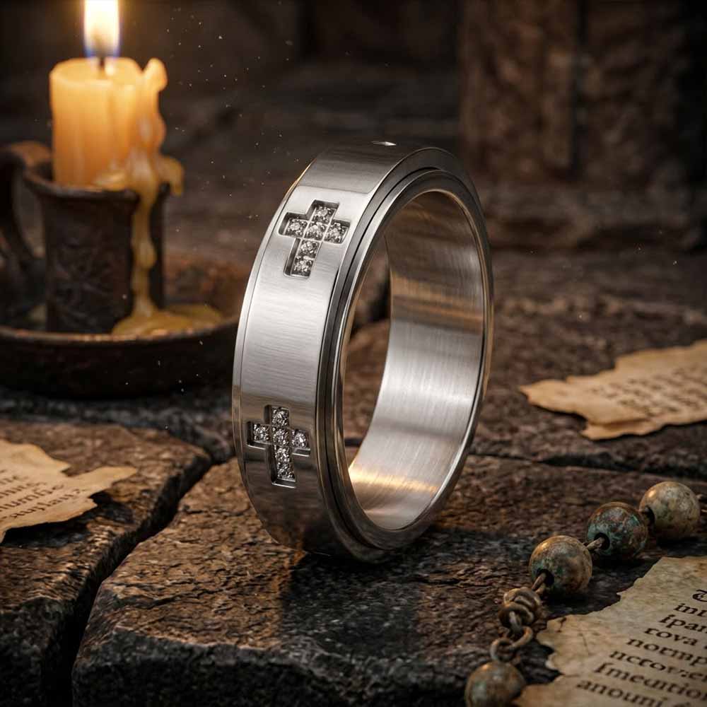 Simple Diamond-Set Cross Stainless Steel Spinner Ring