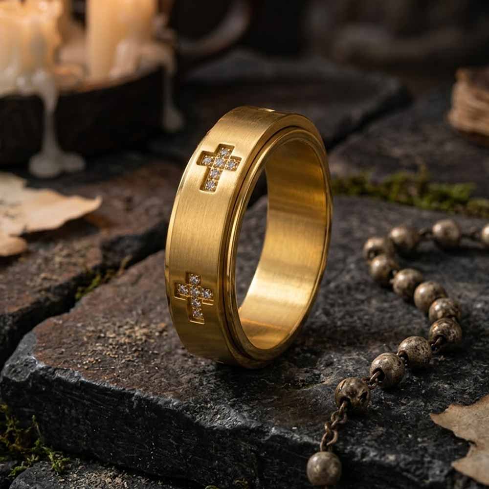 Simple Diamond-Set Cross Stainless Steel Spinner Ring