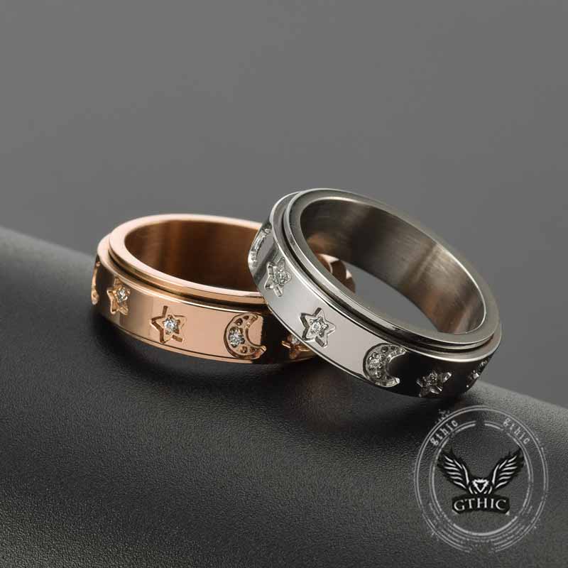Simple Diamond-Set Star Moon Stainless Steel Spinner Ring 01 | Gthic.com