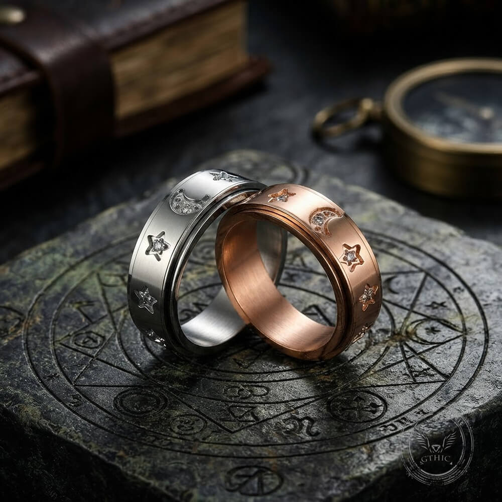 Simple Diamond-Set Star Moon Stainless Steel Spinner Ring | Gthic.com