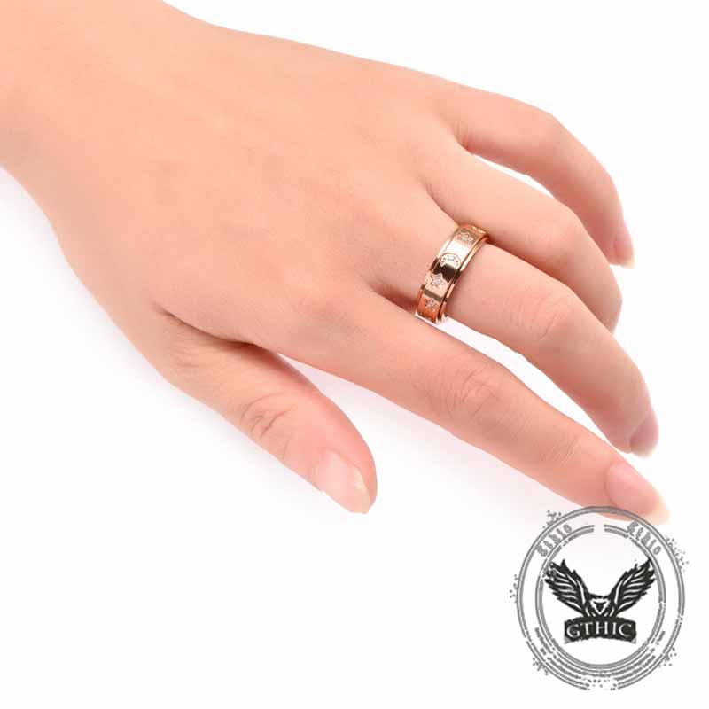 Simple Diamond-Set Star Moon Stainless Steel Spinner Ring 02 | Gthic.com