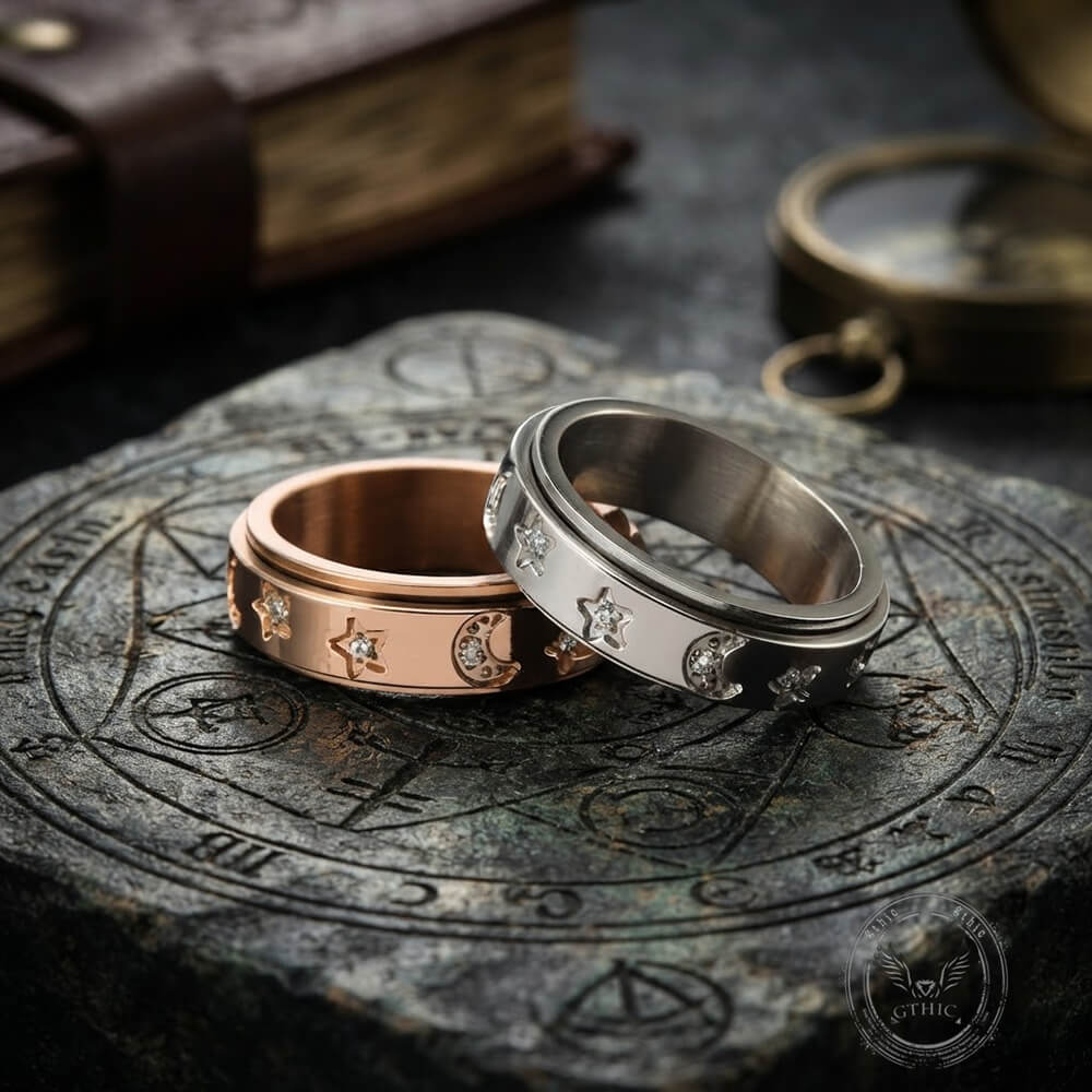 Simple Diamond-Set Star Moon Stainless Steel Spinner Ring | Gthic.com