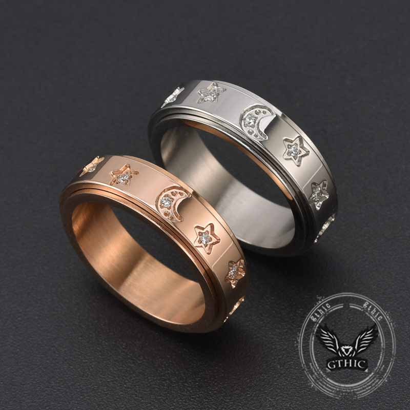 Simple Diamond-Set Star Moon Stainless Steel Spinner Ring 03 | Gthic.com