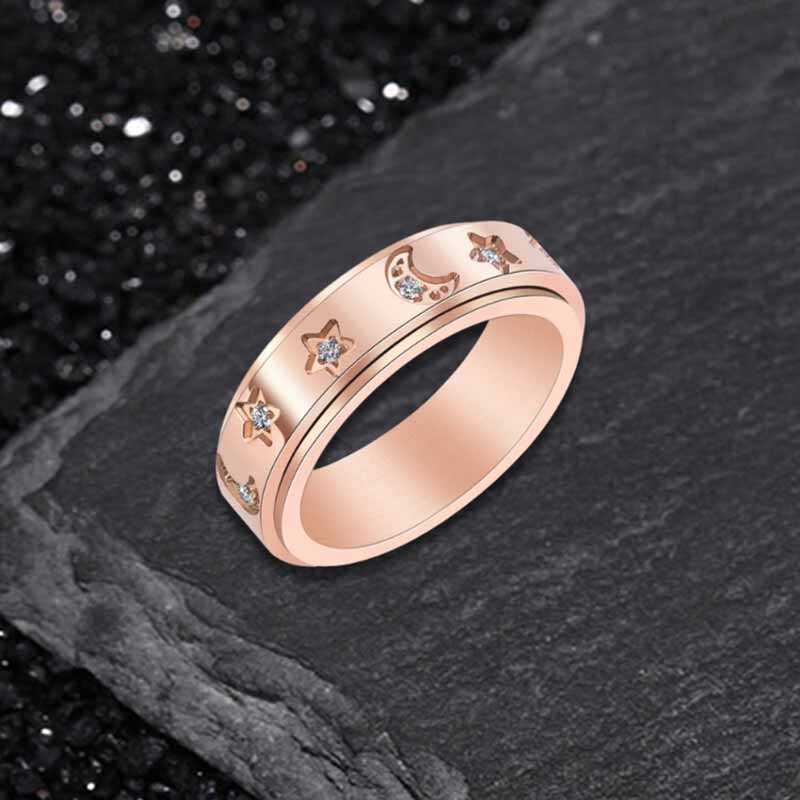 Simple Diamond-Set Star Moon Stainless Steel Spinner Ring