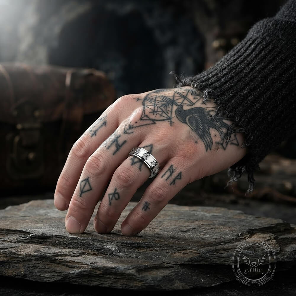 Simple Diamond-Set Star Moon Stainless Steel Spinner Ring | Gthic.com