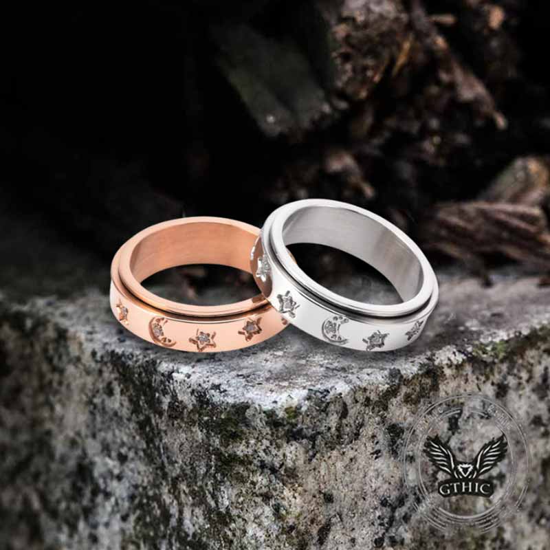 Simple Diamond-Set Star Moon Stainless Steel Spinner Ring