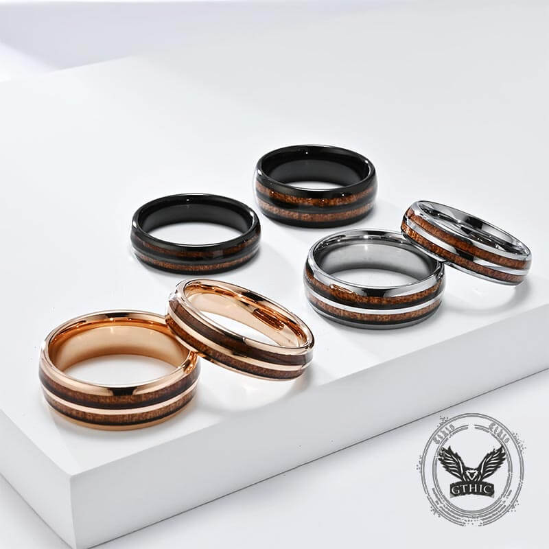 Simple Double-Layer Wood Grain Tungsten Steel Ring